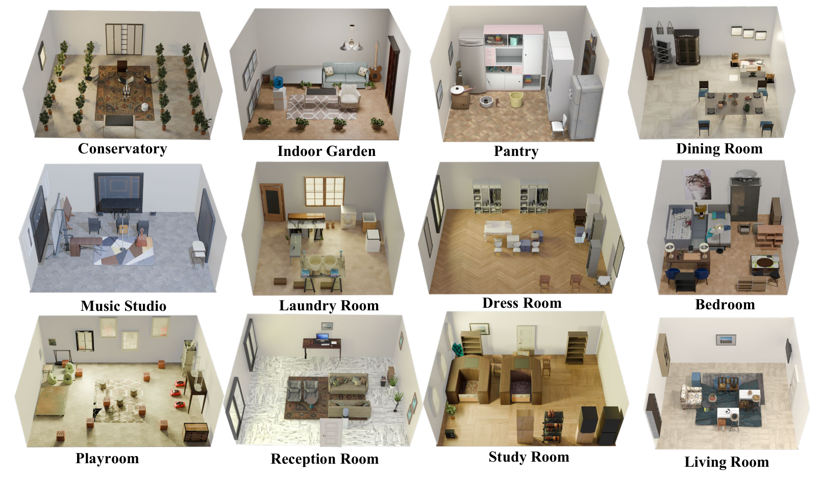 Gallery of twelve generated indoor scene layouts across diverse room types