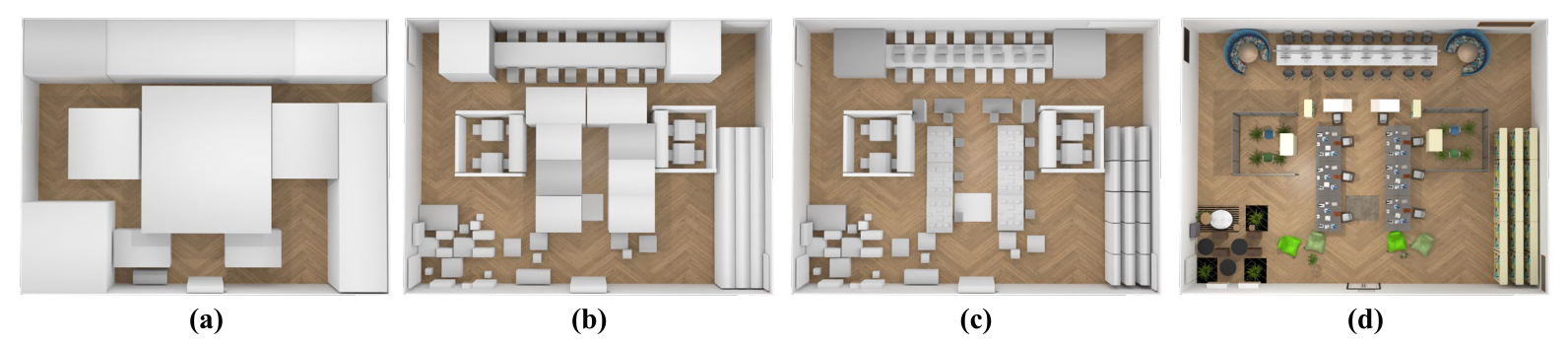 Coarse-to-fine layout design of a library scene, from functional zoning to detailed furniture placement